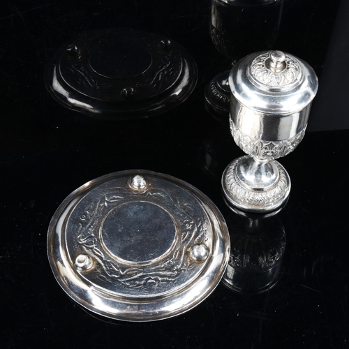 742 - A South American unmarked silver communion goblet cover and stand, stand diameter 13.5cm, goblet hei... 