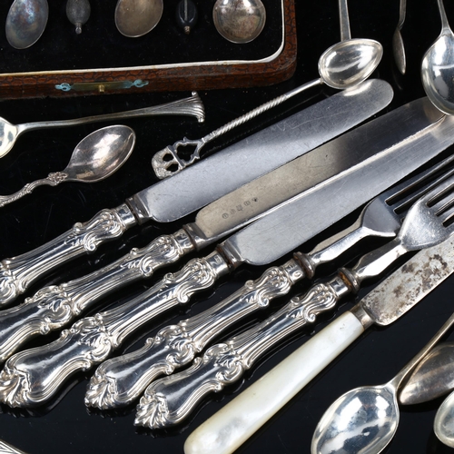 749 - Various silver flatware, including spoons, silver-handled knives etc, 7.3oz weighable