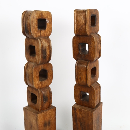 59 - A pair of mid-century modernist abstract wood cube sculptures, unsigned, height 56cm