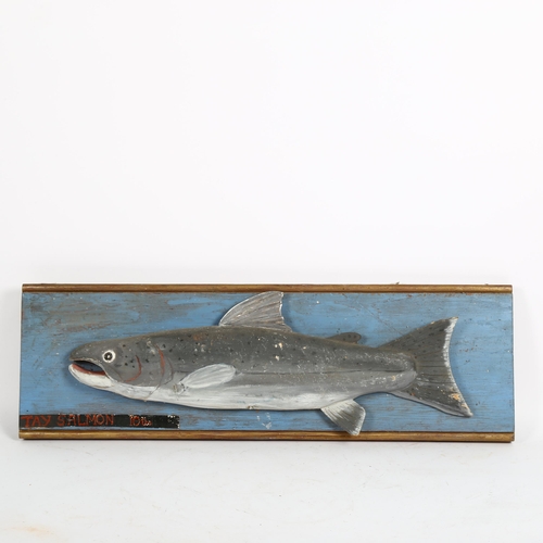 68 - A carved and painted wood Tay salmon wall sculpture, 25cm x 78cm