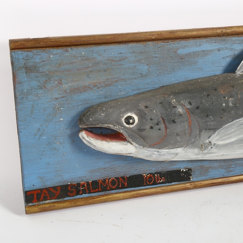 68 - A carved and painted wood Tay salmon wall sculpture, 25cm x 78cm