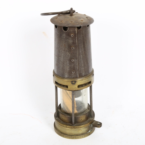 90 - A brass and steel miner's lamp, by F Thomas & Williams of Aberdare, height 25cm