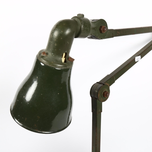 127 - A Vintage industrial green anglepoise bench lamp, with white enamel shade