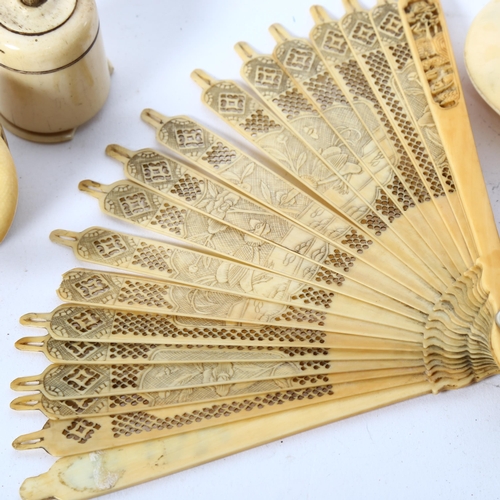 170 - Various bone and ivory, including Chinese fan, etui case, baby's rattle etc