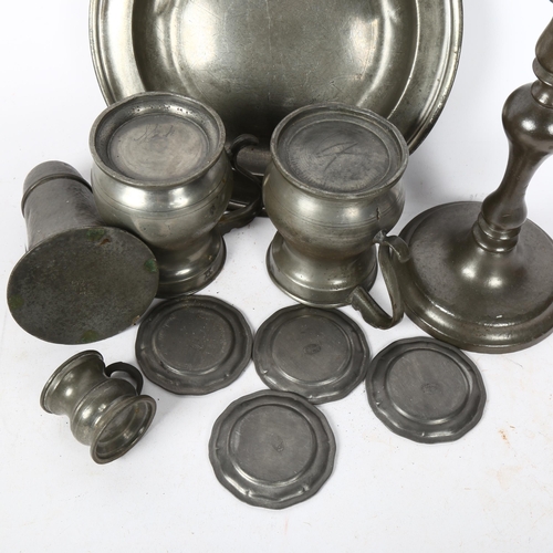 197 - Various Antique pewter, including 18th century dinner plate, tankard, candlestick, desk sander etc