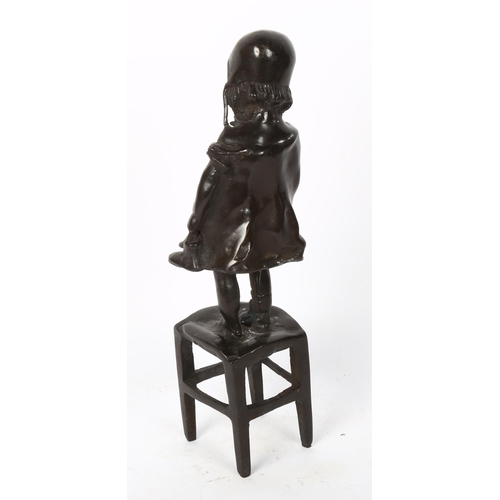 214 - After Juan Clai, bronze sculpture, girl standing on stool, unsigned, height 30cm