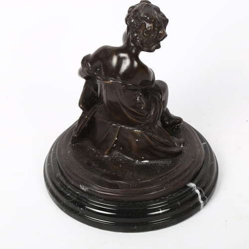 220 - After Auguste Moreau, patinated bronze sculpture, boy reading a book, signed, on veined black marble... 