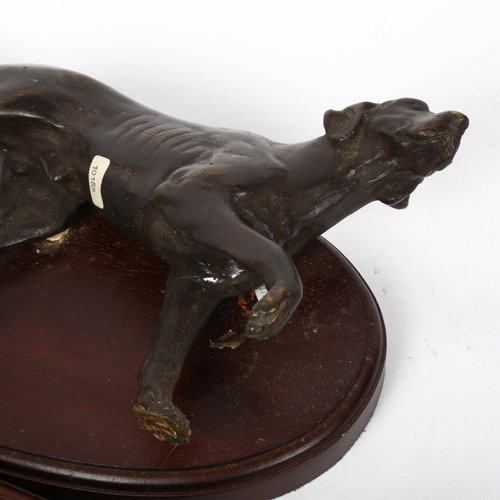 223 - A pair of patinated bronze Pointer dog sculptures, unsigned, on separate wood bases, length 24cm, he... 