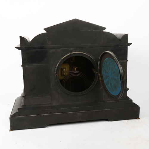 234 - An early 20th century slate-cased architectural 8-day mantel clock, with spelter-mounted bust alcove... 