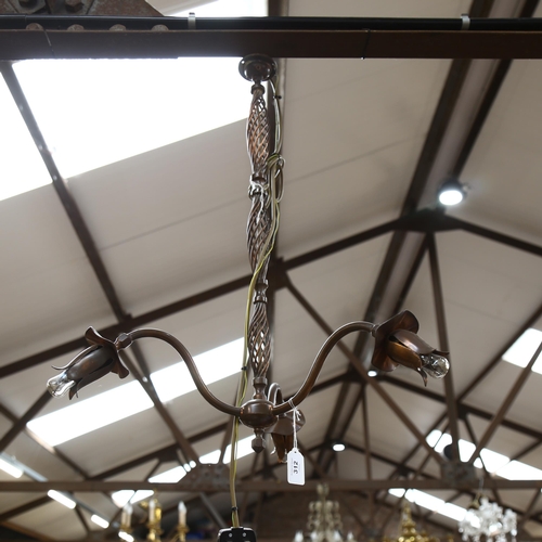 312 - A 3-branch floral ceiling light fitting, height 70cm, branch length 26cm