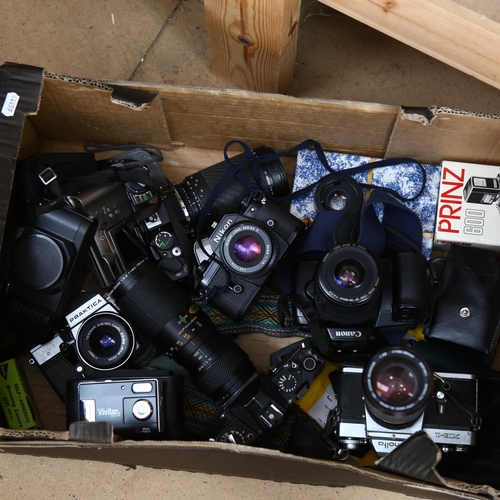 316 - A quantity of Vintage cameras, including Nikon EM, Canon T-50, Olympus OM40 etc (boxful)