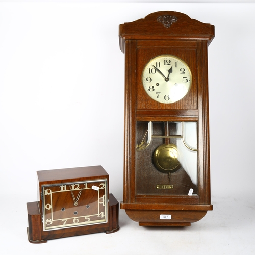 317 - An oak-cased regulator wall clock, and an Art Deco walnut chiming mantel clock (2)