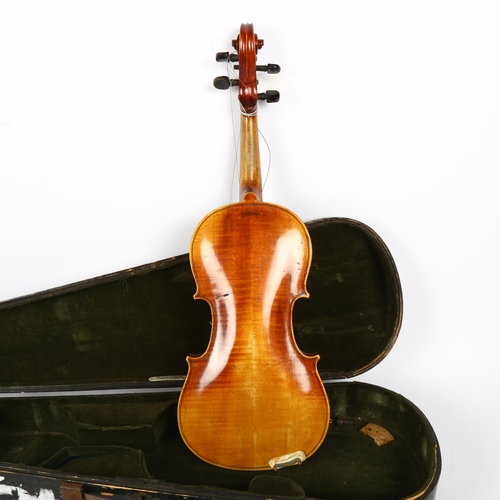 339 - A Vintage violin, with label for Jacobus Stainer, body length 33cm, in Edward Withers hardshell case