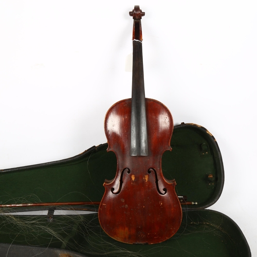 340 - A Vintage violin, with label for Lorenzo Arcangioli Genoa 1719, body length 36cm, with bow in board ... 