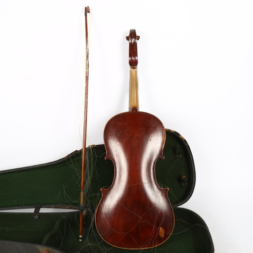 340 - A Vintage violin, with label for Lorenzo Arcangioli Genoa 1719, body length 36cm, with bow in board ... 