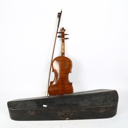 347 - A Vintage violin, globe sticker inside, body length 36cm, with bow, in hardshell case