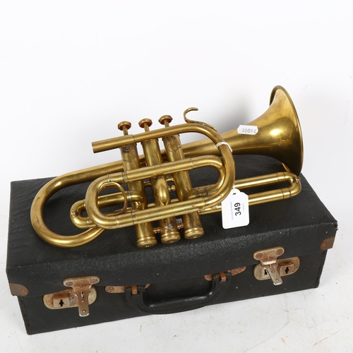 349 - A Vintage brass 3-valve cornet, by Bessons & Co, in travelling case (lacking mouth piece)