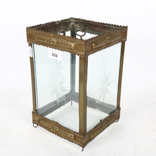 354 - A brass-framed etched-glass square-section lantern, height 26cm, width 16cm