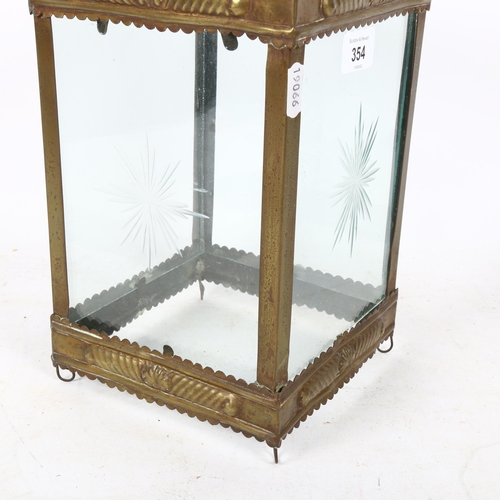 354 - A brass-framed etched-glass square-section lantern, height 26cm, width 16cm