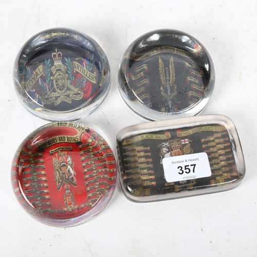 357 - A group of military Regiment glass paperweights, including Royal Artillery, Royal Highland Regiment ... 