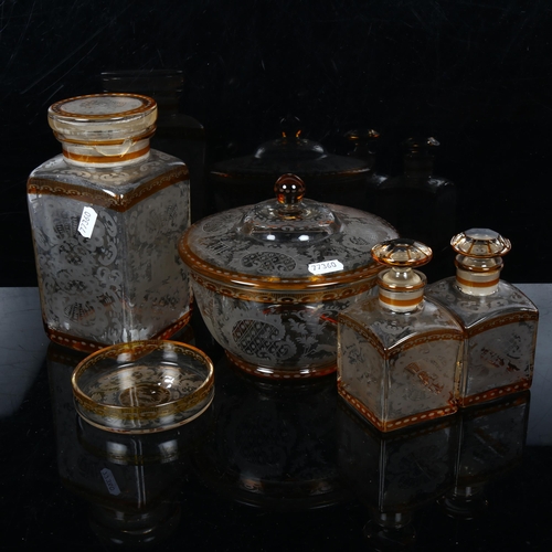 362 - A group of amber and clear glass items, including kitchen storage jar, jars and stoppers etc, larges... 