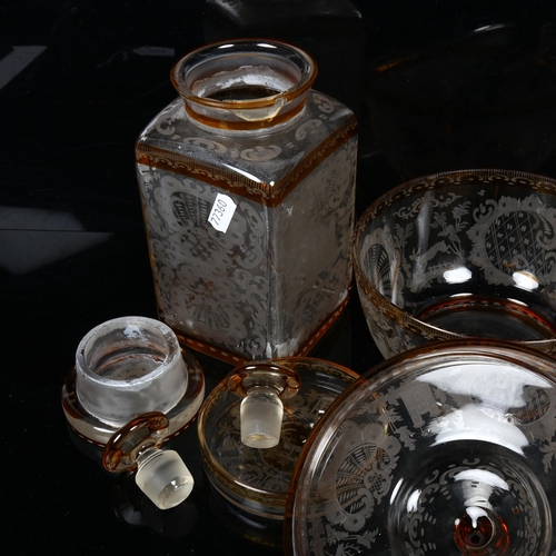 362 - A group of amber and clear glass items, including kitchen storage jar, jars and stoppers etc, larges... 