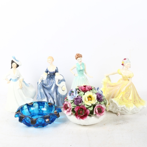 486 - 4 Royal Doulton figures, an Aynsley floral arrangement, and a glass dish
