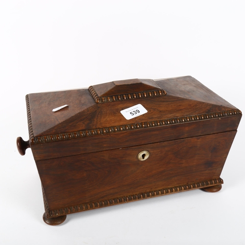 539 - A Victorian sarcophagus tea caddy with part fitted interior, length 34cm overall