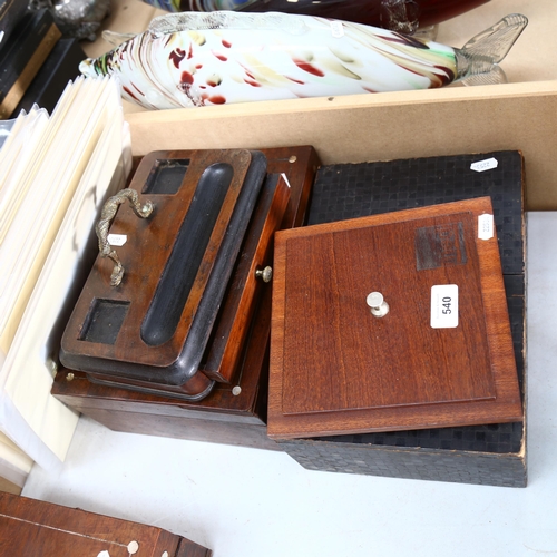 540 - A desk stand with drawer under, a Medi box, a twin-lidded box with copper hinges, a mahogany box wit... 