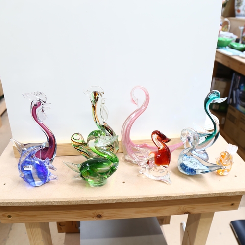 610 - A group of Art glass birds, including a pink swan, height 23cm, and a fish