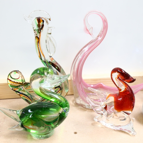 610 - A group of Art glass birds, including a pink swan, height 23cm, and a fish