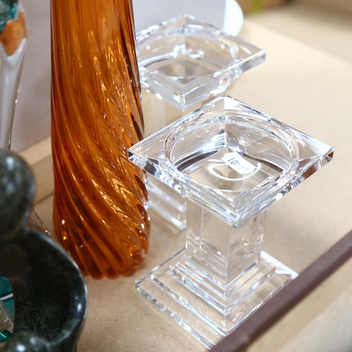 612 - Art glass couple, 34cm, glass candle stands, soapstone group etc