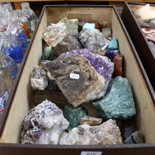 616 - A box of stones and minerals, including large amethyst example, quartz etc