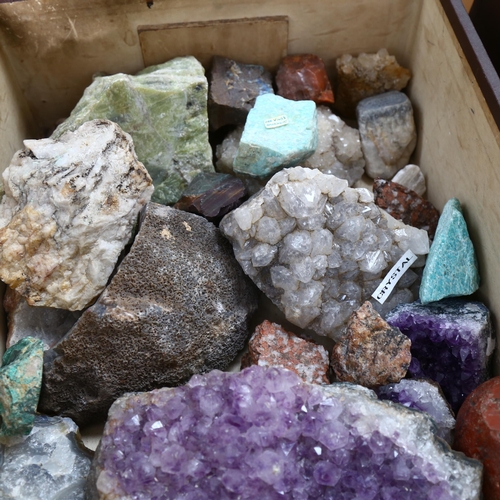 616 - A box of stones and minerals, including large amethyst example, quartz etc