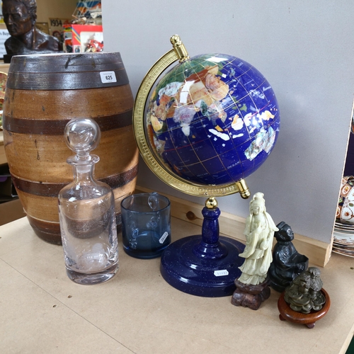 625 - A stoneware barrel, a globe on stand, height 42cm, carved stone Oriental figure, commemorative glass... 