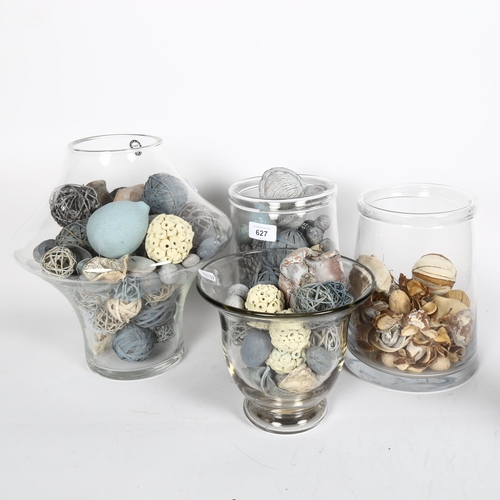 627 - 4 decorative glass vessels and contents, tallest 29cm