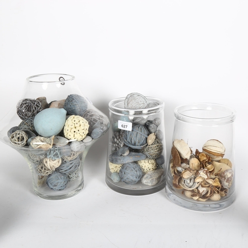 627 - 4 decorative glass vessels and contents, tallest 29cm