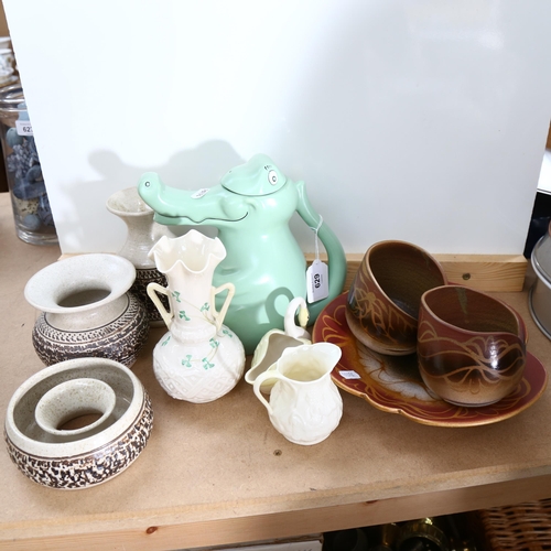 629 - A Carlton Ware crocodile teapot, Purbeck pottery items, Belleek vase etc