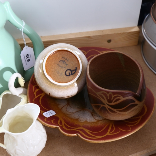 629 - A Carlton Ware crocodile teapot, Purbeck pottery items, Belleek vase etc