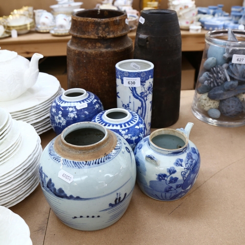 630 - Ginger jars, tallest 15cm, 2 wooden containers etc