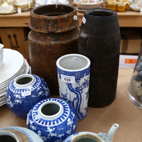630 - Ginger jars, tallest 15cm, 2 wooden containers etc