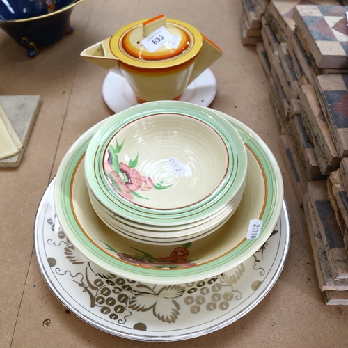 633 - Art Deco Wilkinson's fruit set, Clarice Cliff Bizzarre Conical teapot (A/F), and a 1920s Gray's lust... 