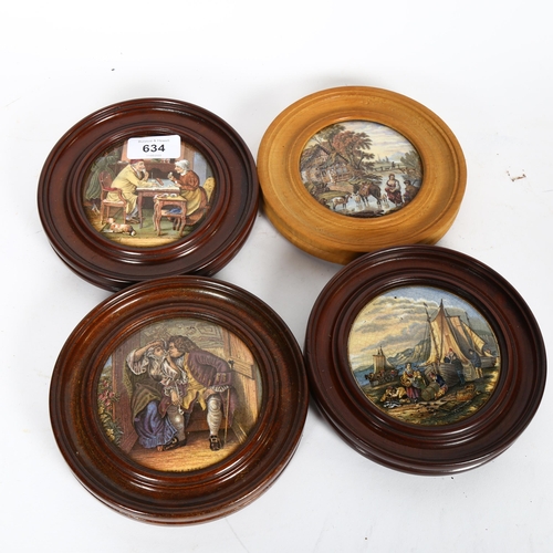 634 - 4 Pratt Ware pot lids, framed, 15cm overall
