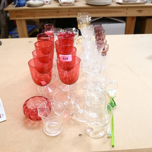 638 - A set of 6 liqueur glasses, a set of 10 Vintage cranberry goblets, and other glassware