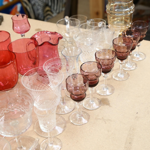 638 - A set of 6 liqueur glasses, a set of 10 Vintage cranberry goblets, and other glassware