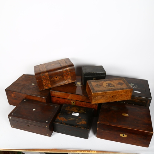 649 - Vintage boxes, including a burr walnut workbox