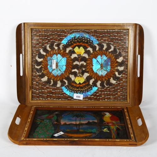 655 - 2 South American butterfly wing tea trays, largest 51cm