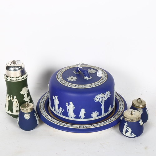 658 - A Wedgwood Jasperware cheese dome and cover, a cruet and a sugar caster, height 15cm