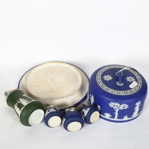 658 - A Wedgwood Jasperware cheese dome and cover, a cruet and a sugar caster, height 15cm