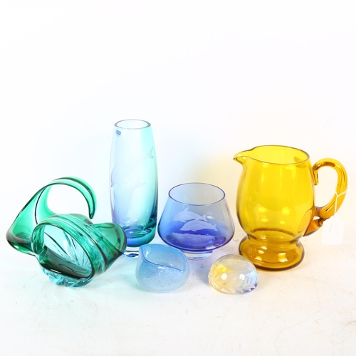 491 - A Caithness Dolphins vase, 21cm, a paperweight, free-form Art glass dish etc